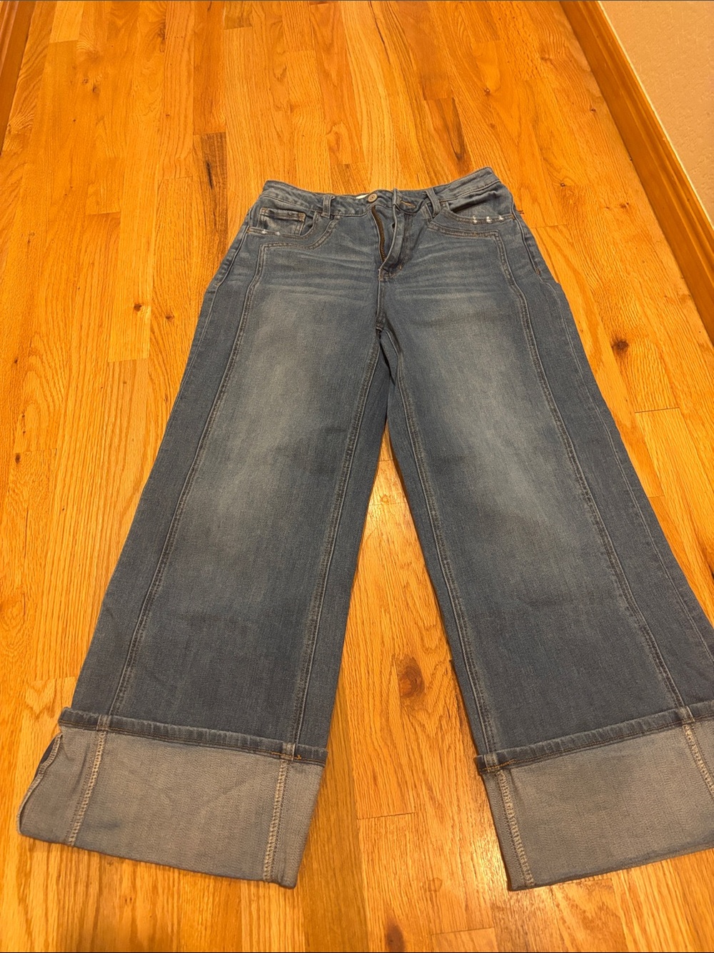 Flying Monkey Wide-Leg Cuffed Jeans in Medium Blue Denim